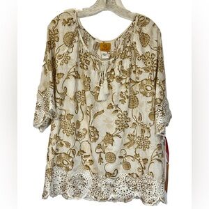 Ruby Rd. Tan Beige Blouse Bohemian Eyelets Natural Wonders Tassels Womens New XL